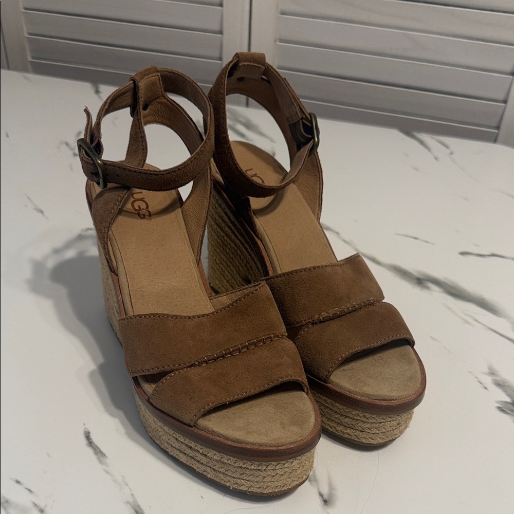 Ugg Tan Suede Wedge Ankle Wrap Sandals. Size 9-1/2 - Picture 3 of 15